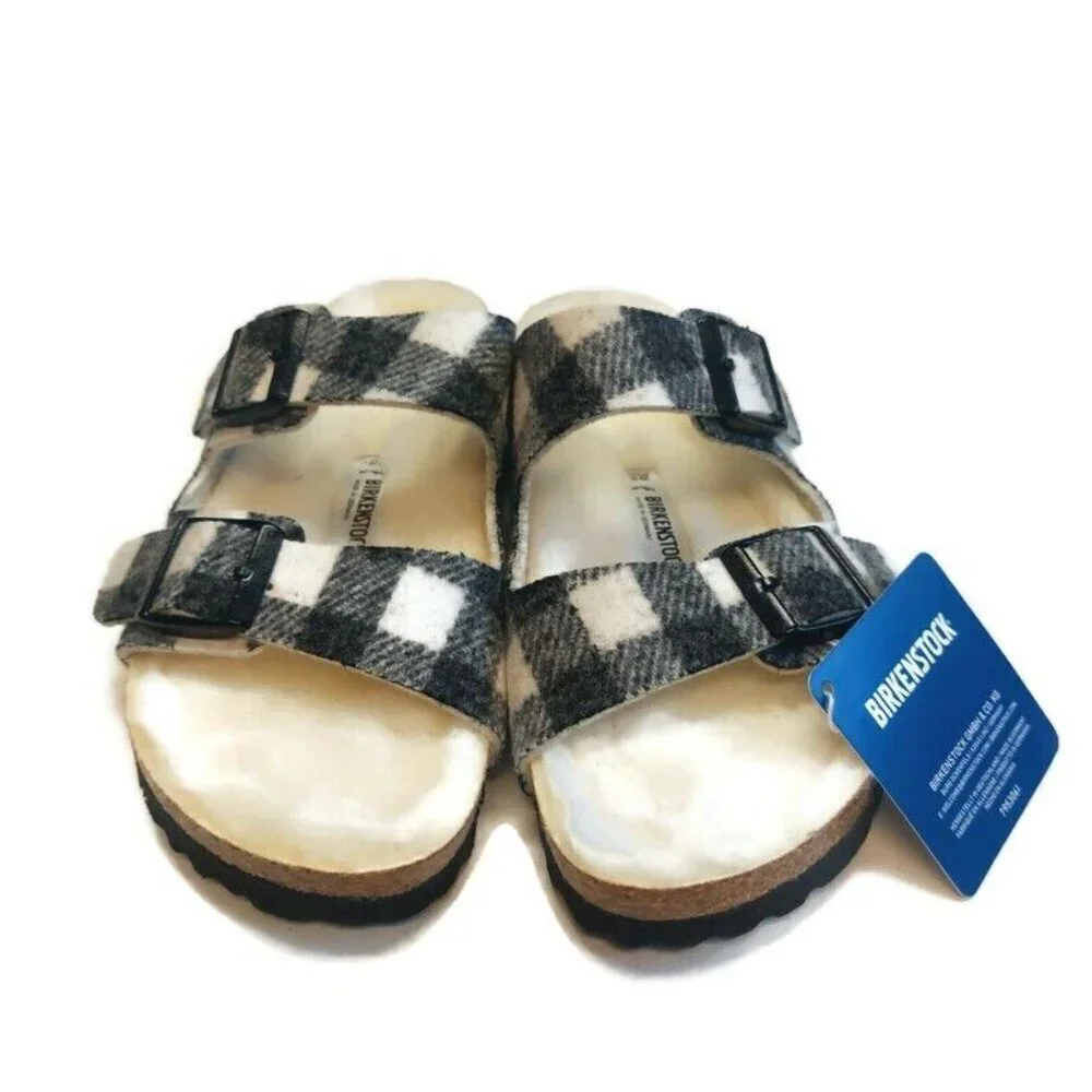 Birkenstock Arizona Rivet Fur Lined Wool Sandals Womens Size 5 Plaid White EU 36 - Picture 5 of 10